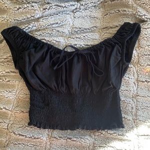 John Galt Black Smocked Off-The-Shoulder